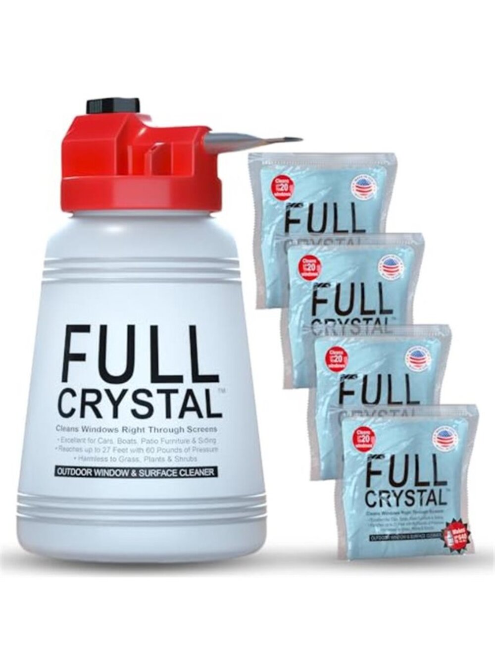 Full Crystal Window Cleaner, Bottle + 16oz Powder, Cleans Up to 80 Windows